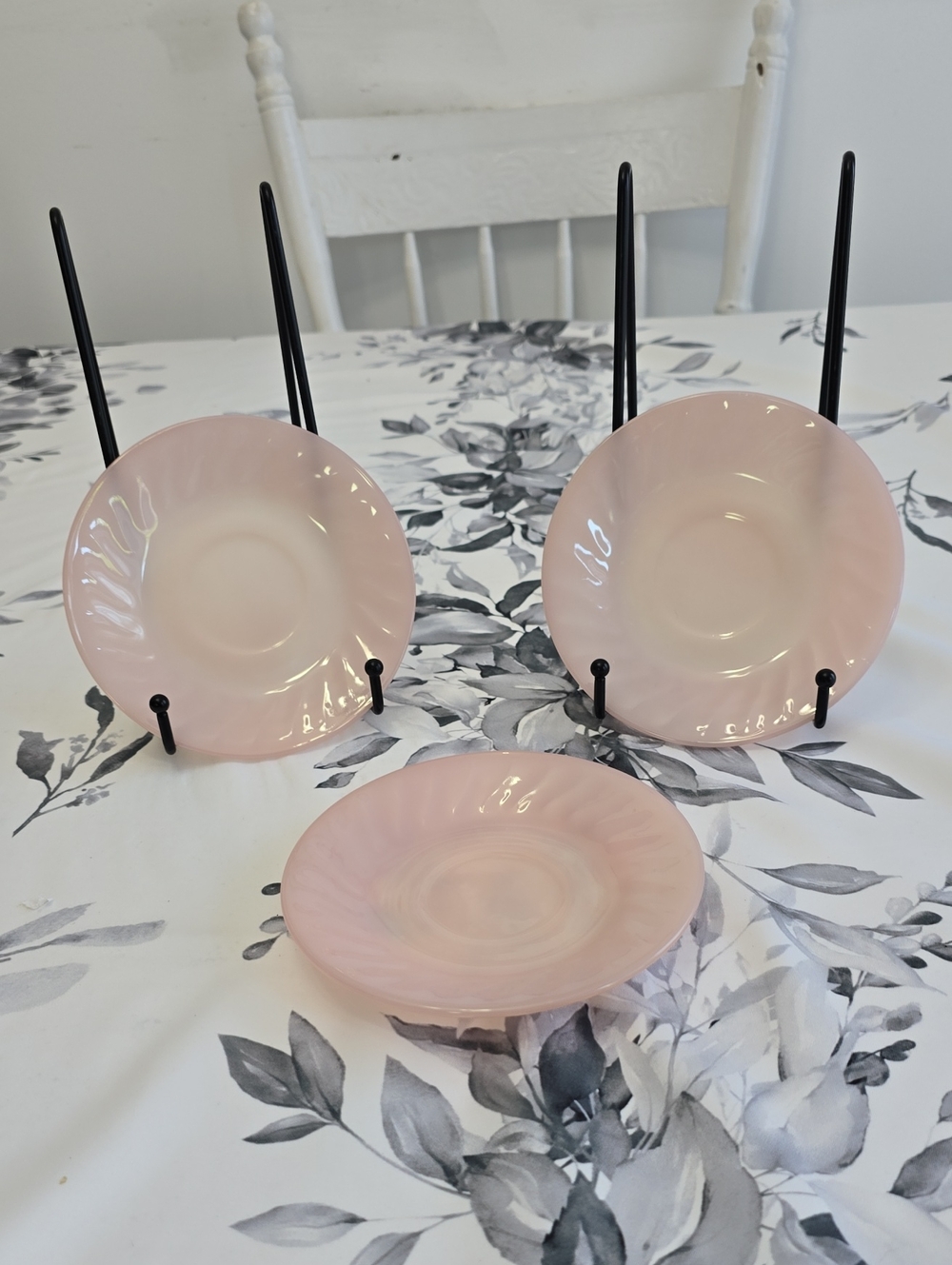 Vintage MCM Set Of 3 Fire King Oven Ware Pink Swirl Saucers USA